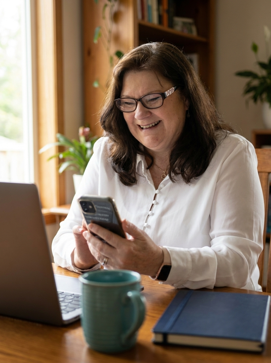 Carrie Wallis working from her phone